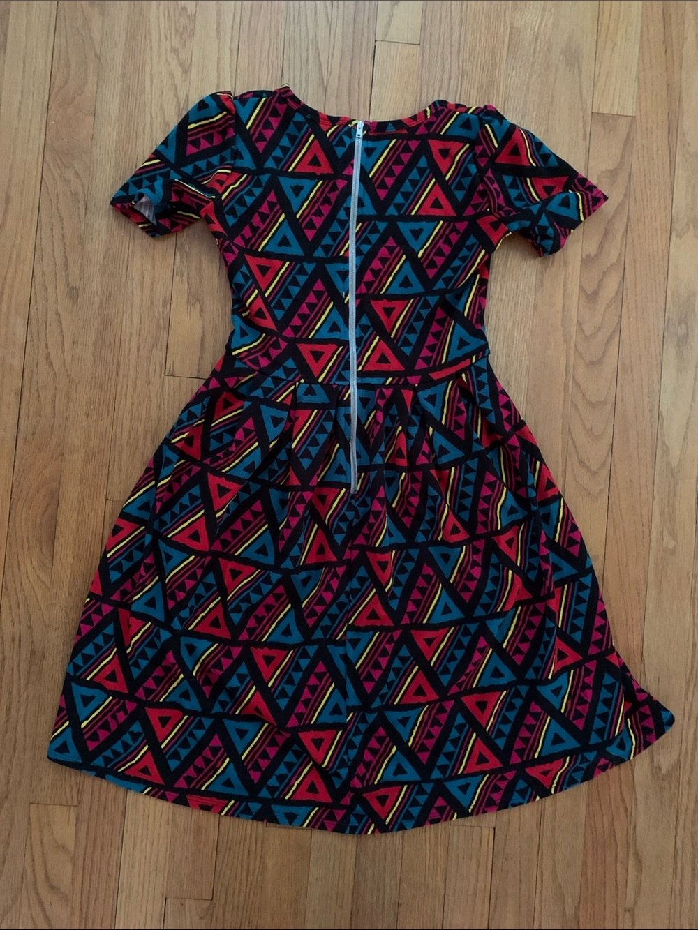 LuLaRoe Multicolor Geometric Fit & Flare Dress - Teal, Red, Black Print XS - Picture 10 of 12